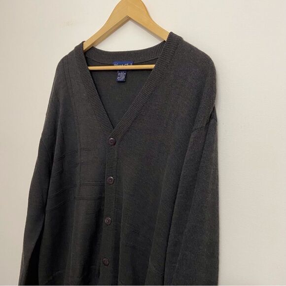 HUNT Club Grandpa 50% wool blend button up cardigan in large grey charcoal - Picture 2 of 15